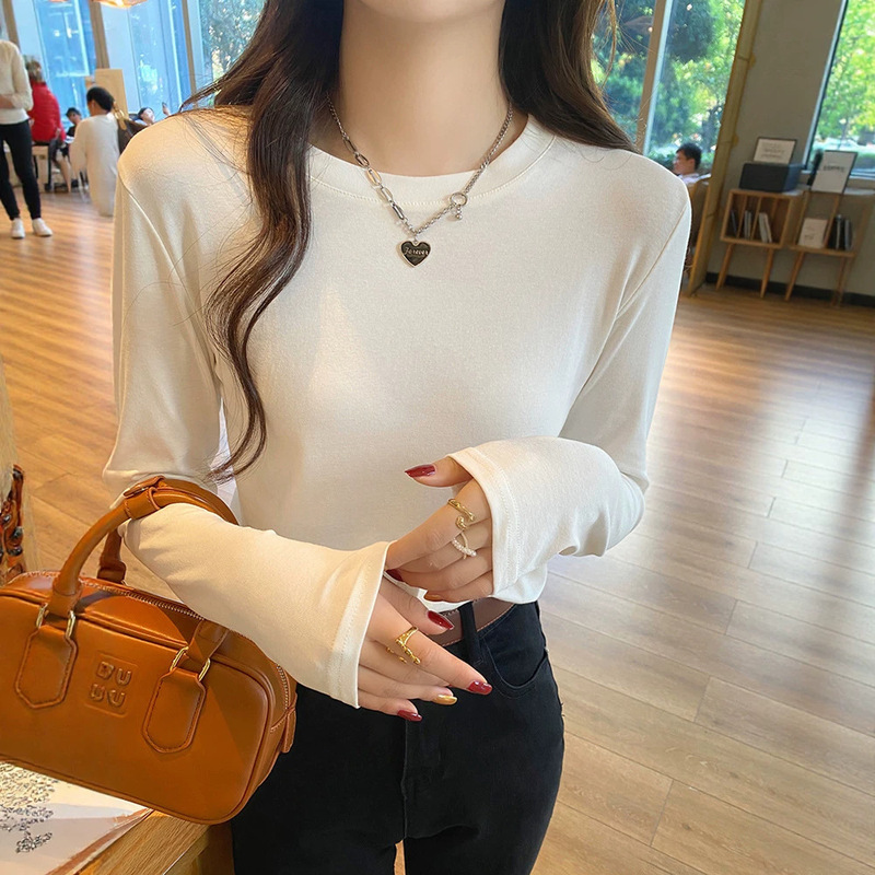 Pure Cotton Regular Shoulder Long Sleeve T-Shirt for Women, Round Neck Base Shirt, Slim Fit Basic Versatile Women's Top, Niche Trendy Ins Style