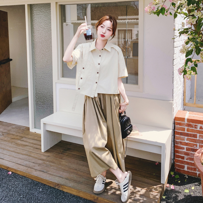 夏のootd雰囲気コーデ韓国風年齢軽減デザインシャツトップスワイドレッグパンツとスカートの2点セット|undefined