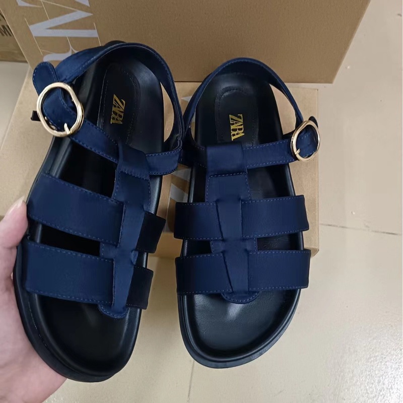ZA夏季新品2024外贸圆头女鞋交叉一字带浅口金属搭扣饰百搭凉鞋女|undefined