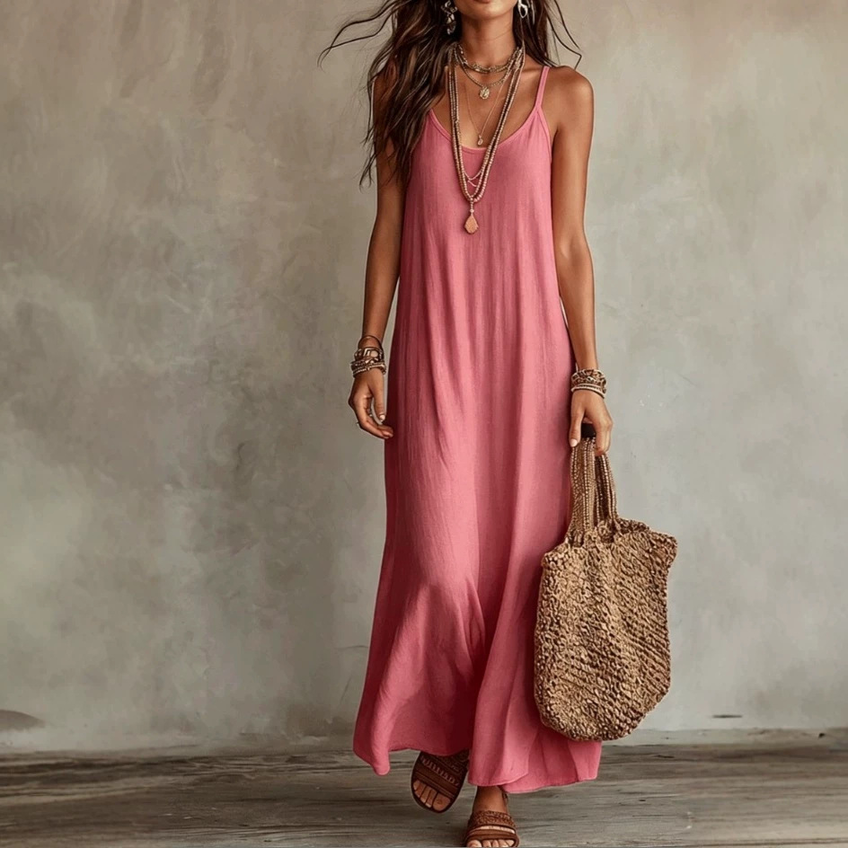2026 New Cross-Border Relaxed Bohemian Style Yunnan Dali Vacation Style Solid Color Spaghetti Strap V-Neck Women's Beach Dress V
