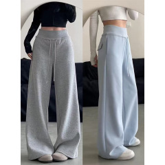 グレーのスポーツパンツ レディース 秋 2025年新作 ハイウエスト ドレープ感のあるストレートパンツ リブウエスト アメリカンスタイル ワイドパンツ