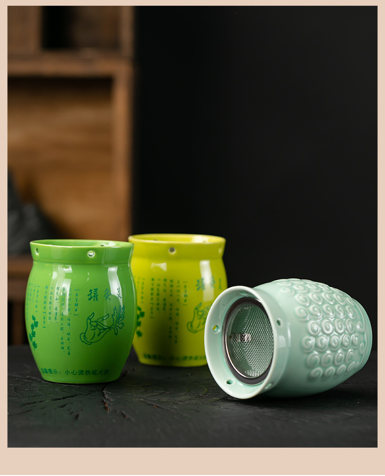 Ceramic Moxibustion Cup with Gua Sha Massage Beads Jade Green Wellness Tool with Dust Cover and Cloth Sleeve in use