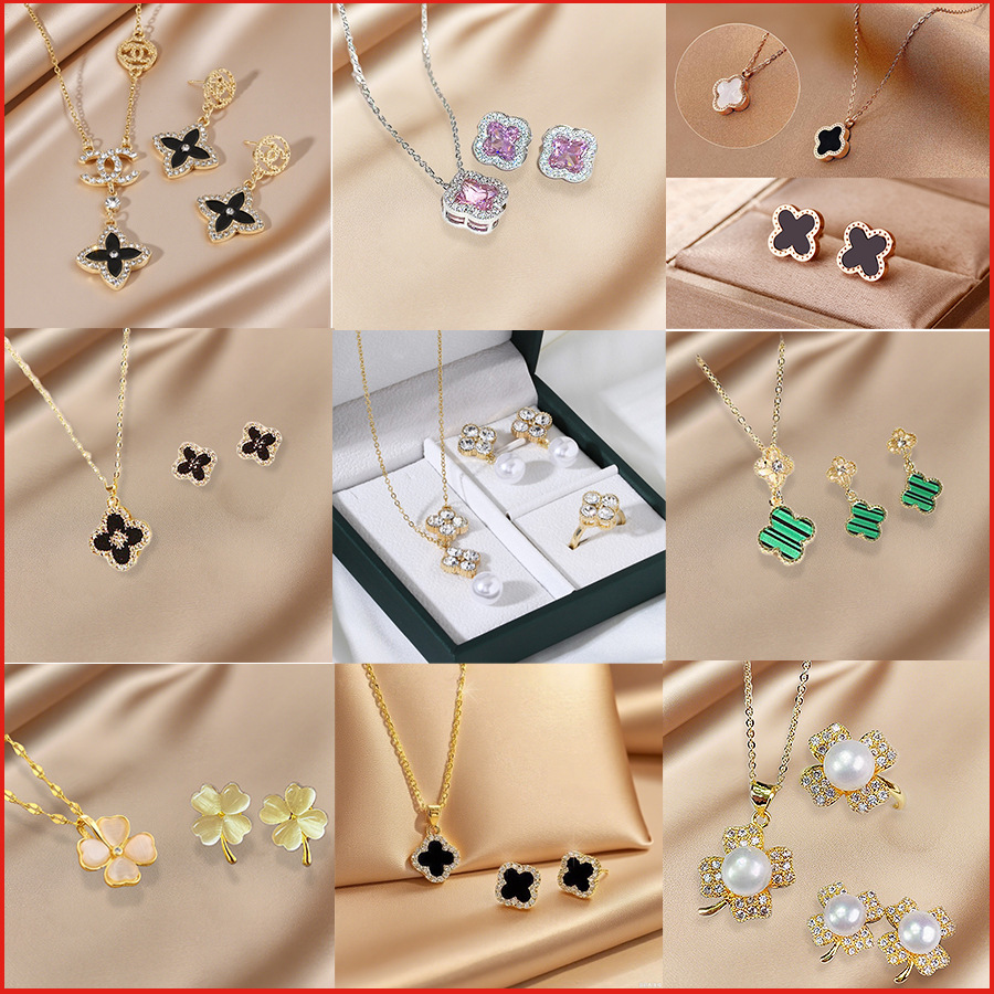 Double-sided four-leaf clover mother-of-pearl necklace pendant, a popular cross-border jewelry set, featuring non-fading electroplating technology.