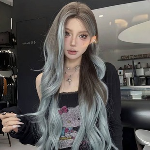 Wig Women's New Ice Blue Spotted Long Curly Hair Mid-split Bangs Natural Simulation Scalp Lightweight Full Head Wig