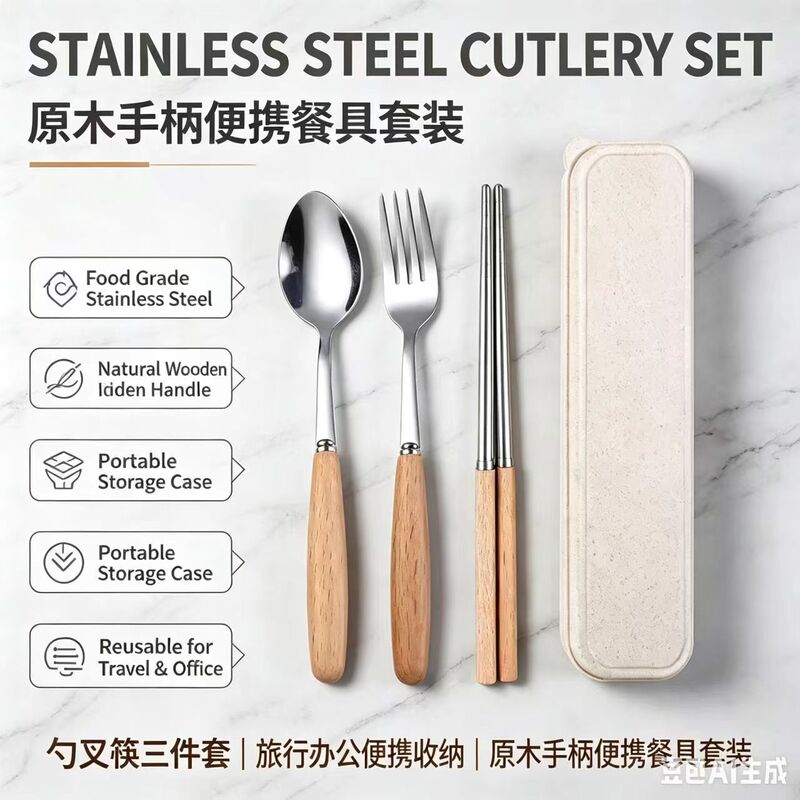 Wooden handle cutlery stainless steel spoon, fork, and chopsticks set, student gift three-piece set, comes with a cutlery box, can be printed with logo Wooden handle cutlery stainless steel spoon, fork, and chopsticks set, student gift three-piece set, comes with a cutlery box, can be printed with logo