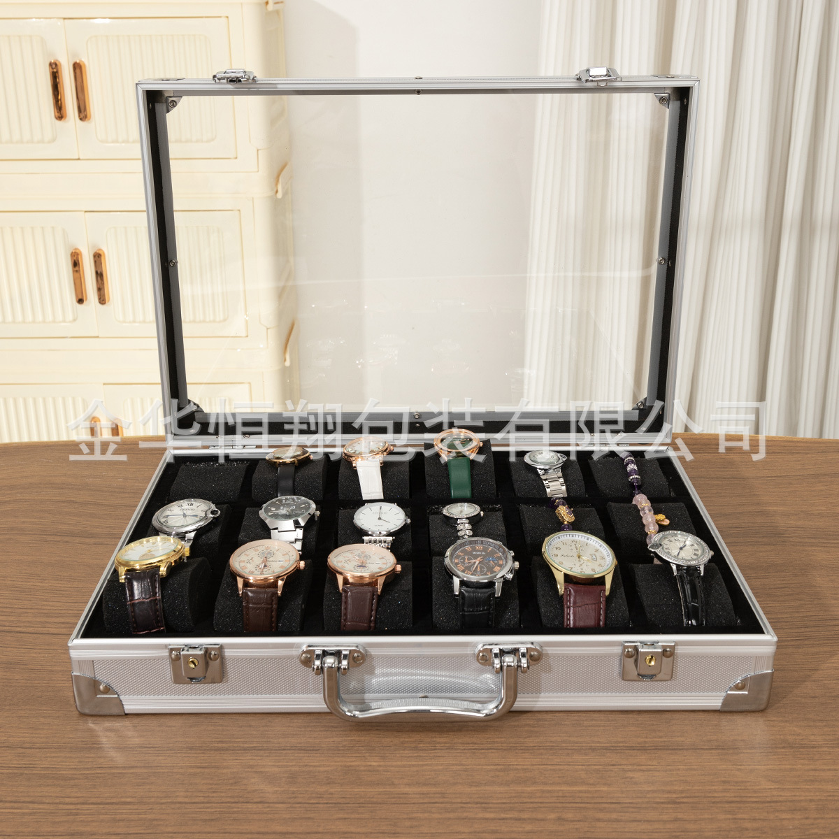 新品铝盒金手表展示箱手提12位手表箱亚克力透明腕表旅行收纳盒