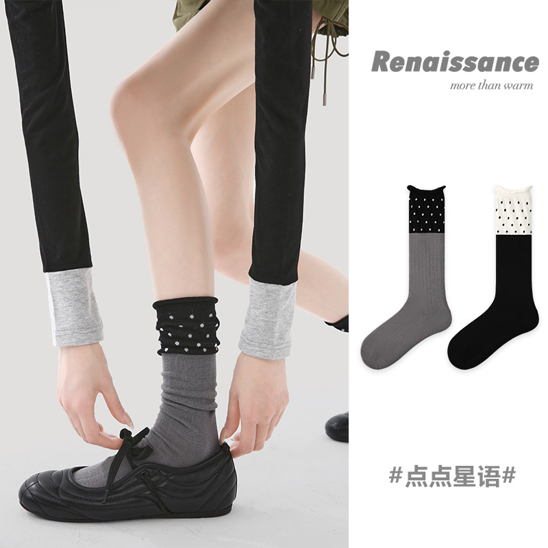 Renaissance袜子女春夏新款松口堆堆袜小圆点薄款透气百搭中筒袜