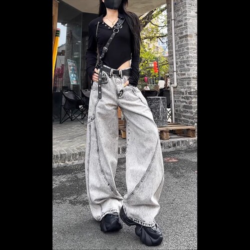 Summer Personalized Splicing Loose Wide Leg Pants Slim Heavy Industry Trendy Cool Denim for Women and Men