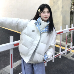 韩系新款拼接格子假两件棉服女2025冬季小个子加厚保暖面包服外套