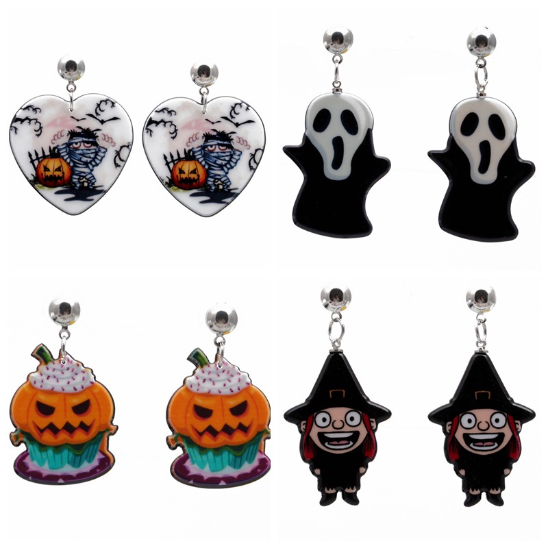 Europa y América de Halloween acrílico araña fantasma pendientes personalizado gato calabaza dibujos animados pendientes joyería de vacaciones