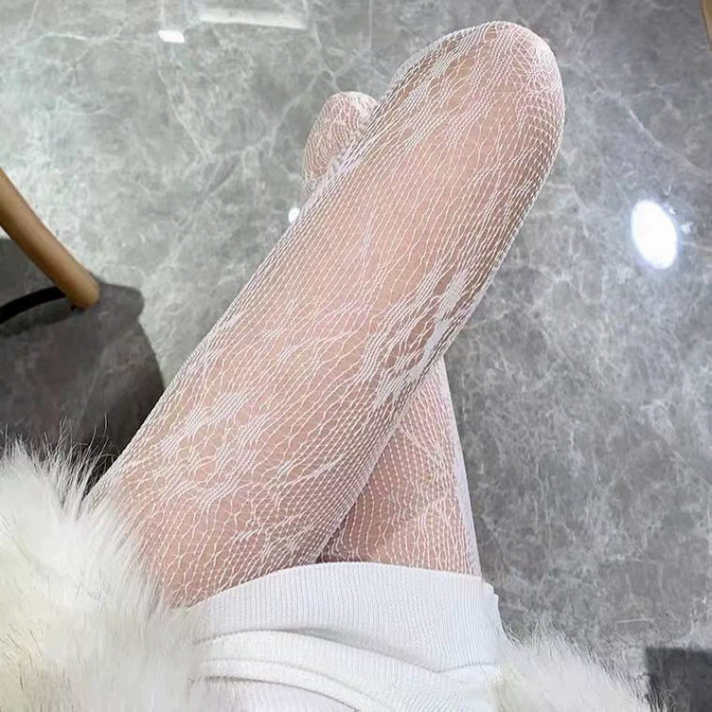 lace retro tights women, lolita style, white base — autumn one size floral pattern