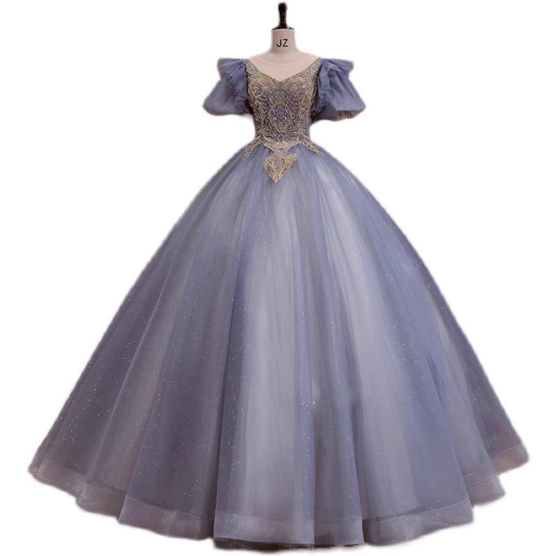 Nuevo azul vestido de noche puff manga estudiante música vocal arte examen rendimiento traje vocal solo pettiskirt Reunión Anual etapa