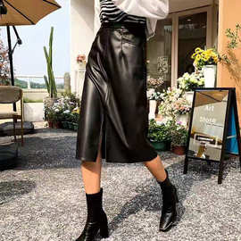 秋冬新款高级感半身裙女新款过膝开叉名媛气质包臀裙皮裙