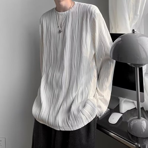 Men's Loose Pleated Texture Long Sleeve T-Shirt with Round Neck - Autumn Style, Korean Version, Casual and Trendy