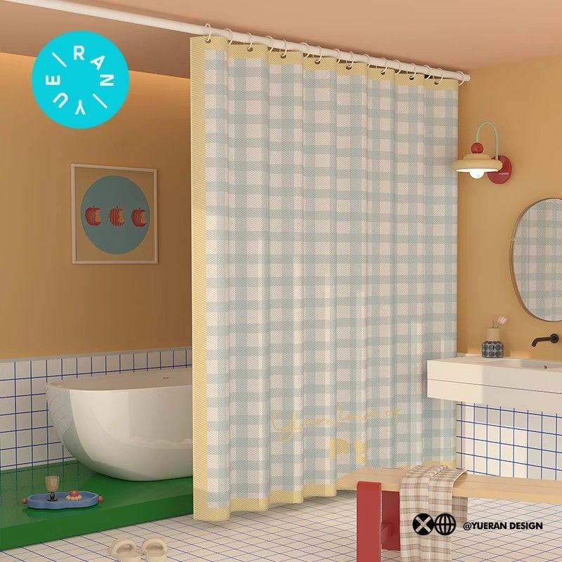 Checkered Bathroom Door Curtain, No-Drill Partition Curtain for Shower