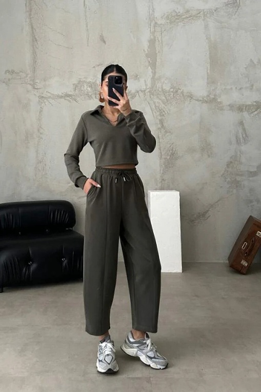Damenbekleidung Herbst und Winter Freizeit Langarm V-Ausschnitt Sport Leggings Zweiteiliger Anzug_voghion.com