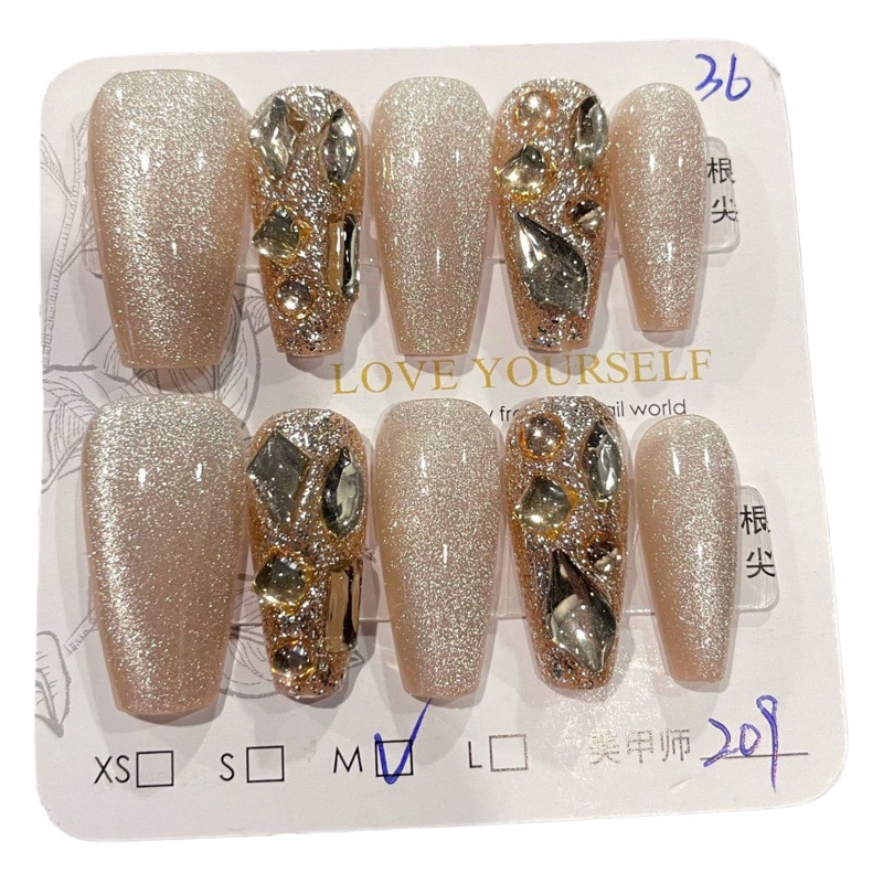 SP-36 bare crystal champagne 10 pieces phototherapy handmade wear nail cat eye champagne flash Diamond finished nail nail nail piece wholesale