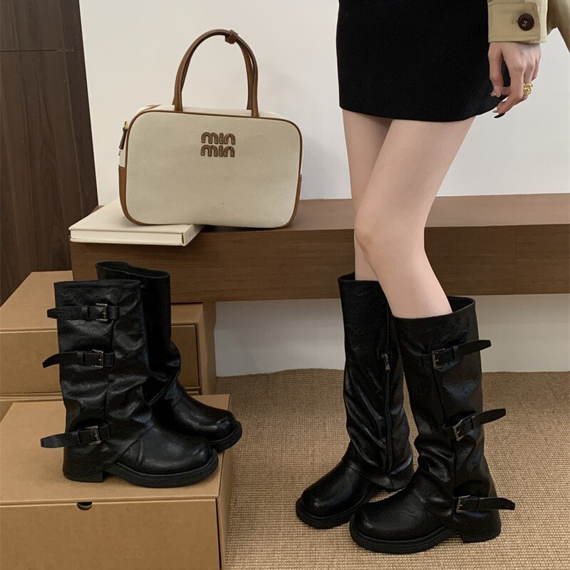 复古西部牛仔靴女2025新款英伦风皮带扣粗跟皱皱高筒骑士靴长筒靴|undefined