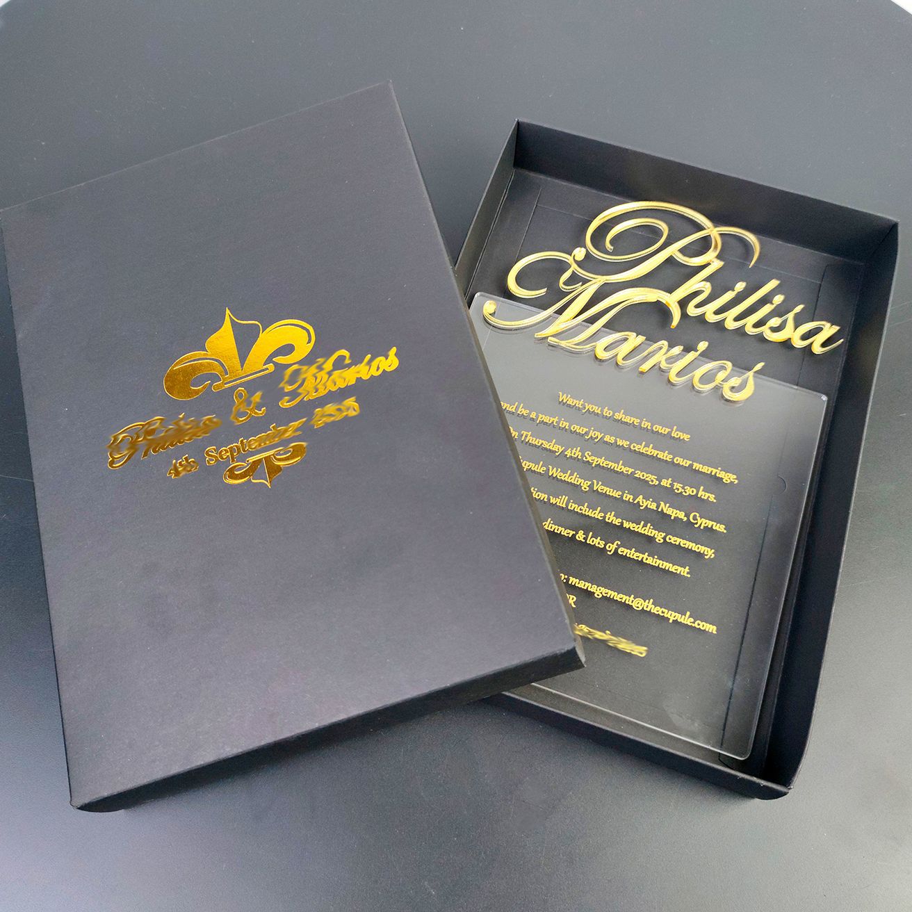 亚克力婚礼请柬有机玻璃冰箱贴异形激光雕刻立牌金色丝网印刷立牌