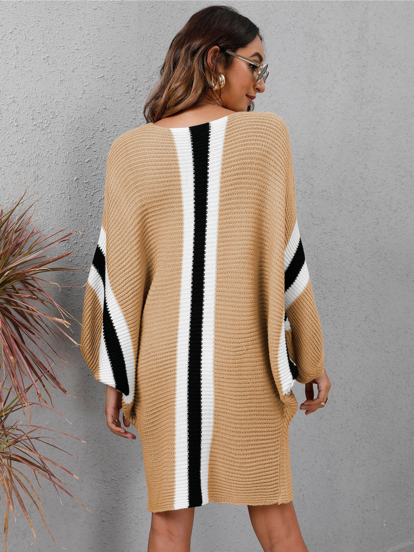 Autumn loose bat sleeve contrast stitching knitted sweater dress nihaostyles wholesale clothing NSOY91114