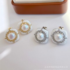 时尚OL气质耳环天然珍珠耳饰方形母贝镶钻高级小众设计耳夹无耳洞