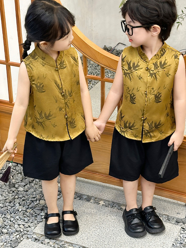 男の子の夏の中国風唐スーツ 2025 新しい子供の漢服ベビーベスト新中国風のベスト 2 点セット|undefined