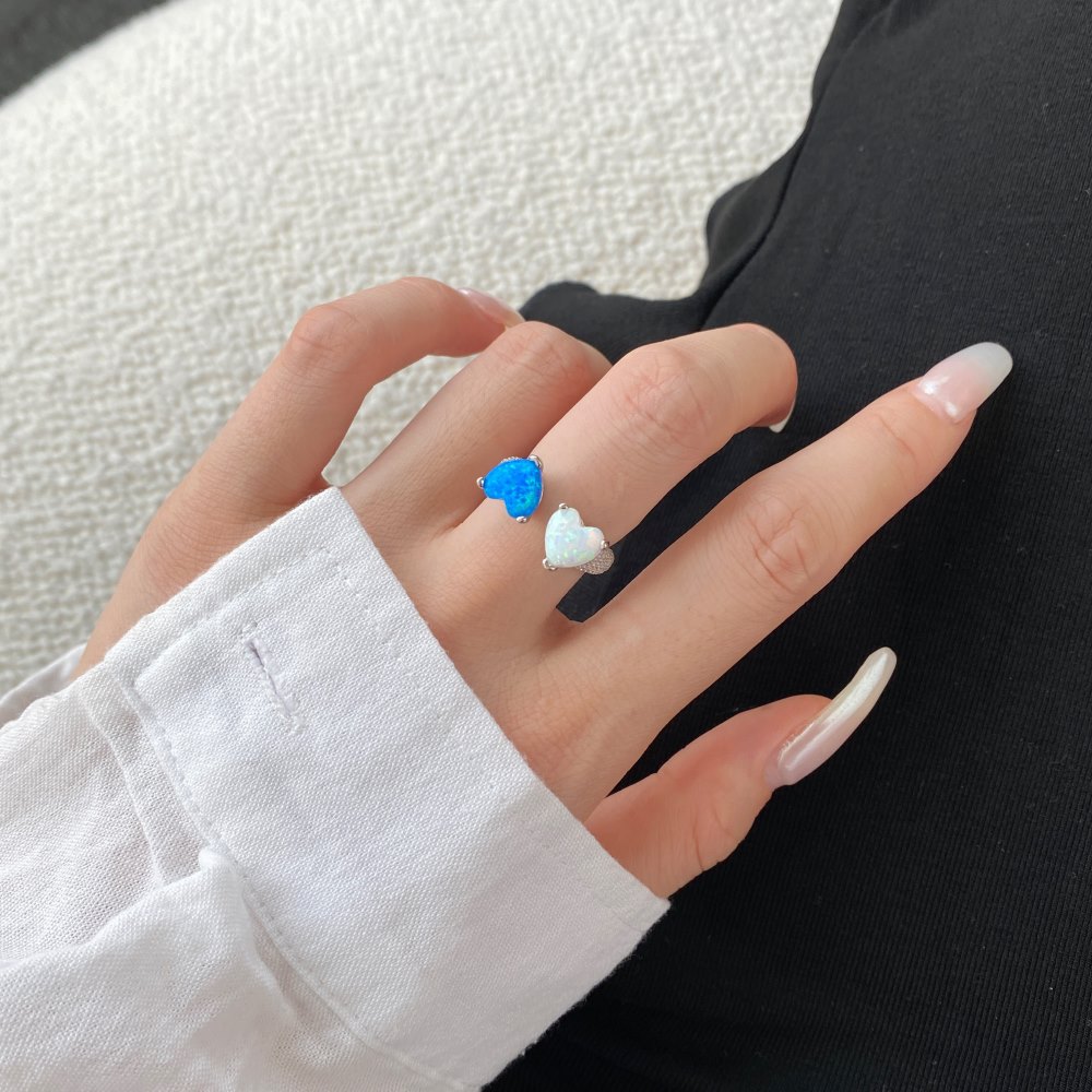 Heart Shape Pattern 925 Sterling Silver Opal Open Ring Heart Shape