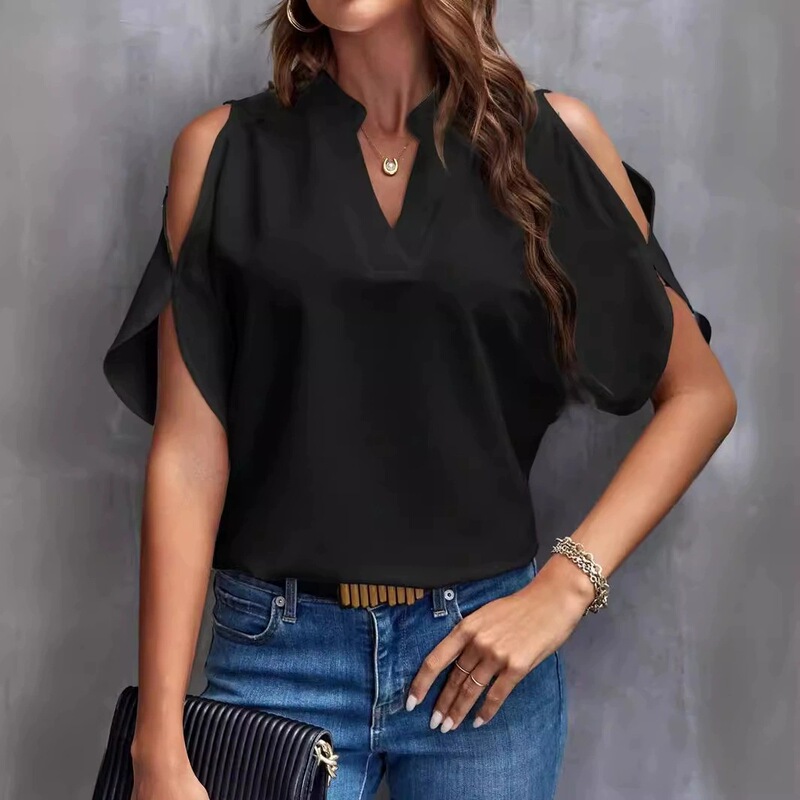 2026 European and American Cross-Border Amazon Women's Clothing Summer New Solid Color V-Neck Stylish Off-Shoulder Sleeve Women's Top 2026 European and American Cross-Border Amazon Women's Clothing Summer New Solid Color V-Neck Stylish Off-Shoulder Sleeve Women's Top