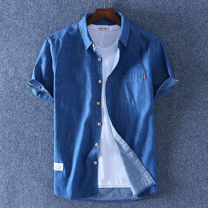 Japanese-Style Trendy Thin Blue Denim Short-Sleeve Shirt for Men, New Summer Model, Simple Versatile Cool Shirt Jacket