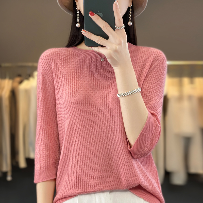 Summer new worsted wool one-line ready-to-wear round neck short sleeve girl loose waffle knitted thin T-shirt