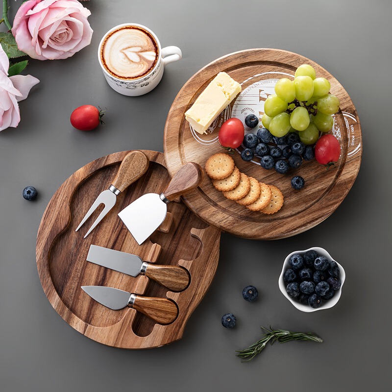 Wood cheese board box steak knife and fork plate cheese board cheese camping plate butter knife Western food Wood