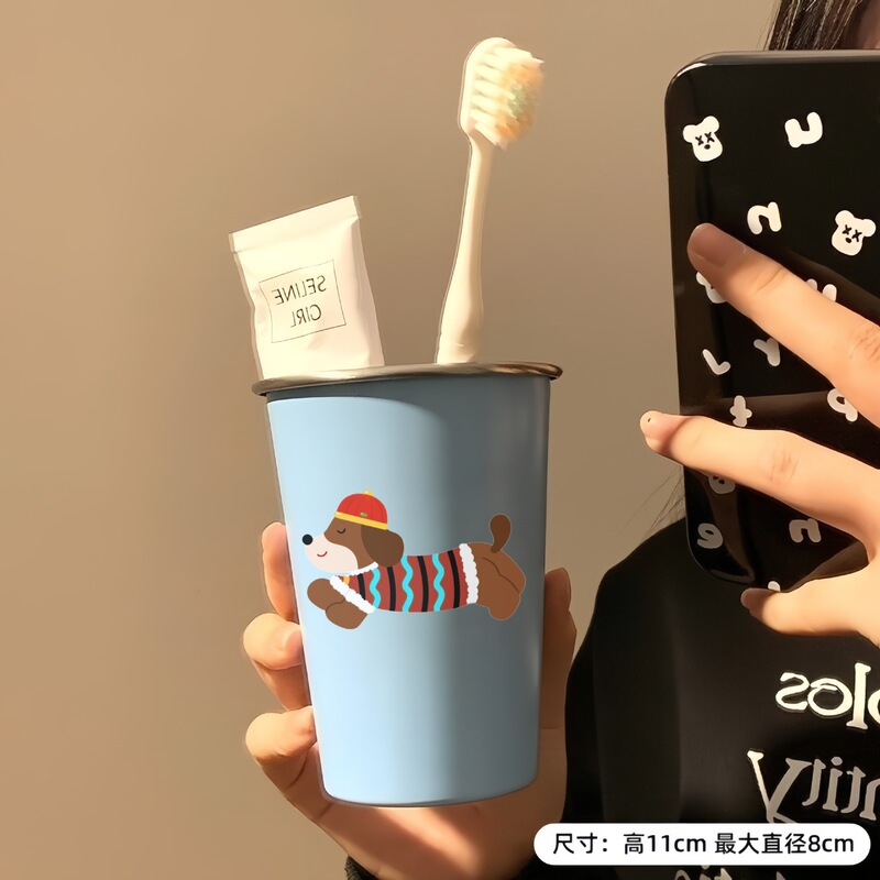 可爱腊肠狗漱口杯加厚家用牙刷杯洗漱杯情侣学生旅行不锈钢水杯|undefined