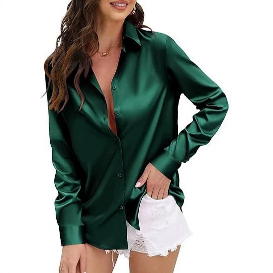 Women's Soft Satin Solid Color Button Shirt, Women's Silky Long Sleeve Work Shirt, Black Shirt Top