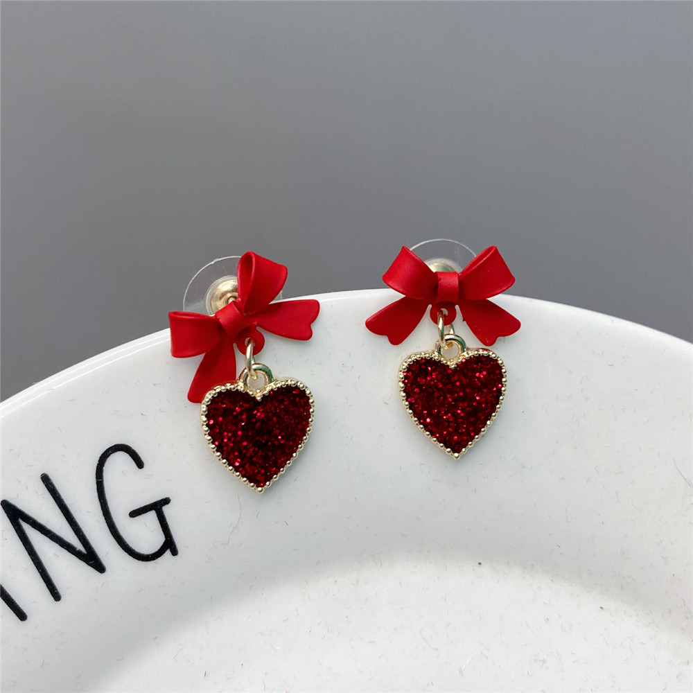 Simple Red Heart Earrings Cute Korean Bow Alloy Drop Earrings display picture 3