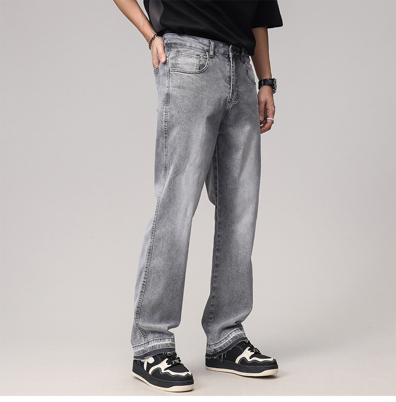 2023 Spring/Summer new solid-color jeans for men, washed light gray distressed pants with frayed edges, American straight-leg pants pic 12
