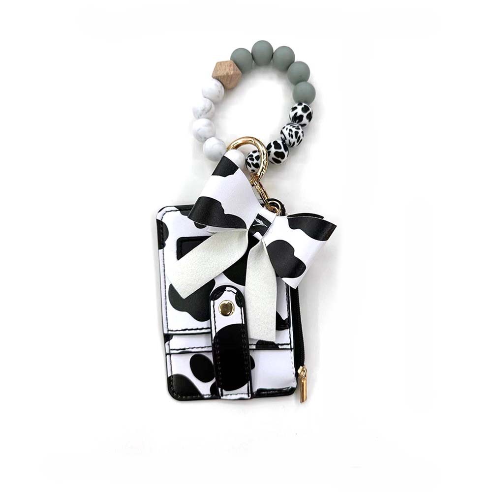 Unisex Gender Modern Style Cow Pattern Pu Leather Silica Gel Beaded Unisex Keychain
