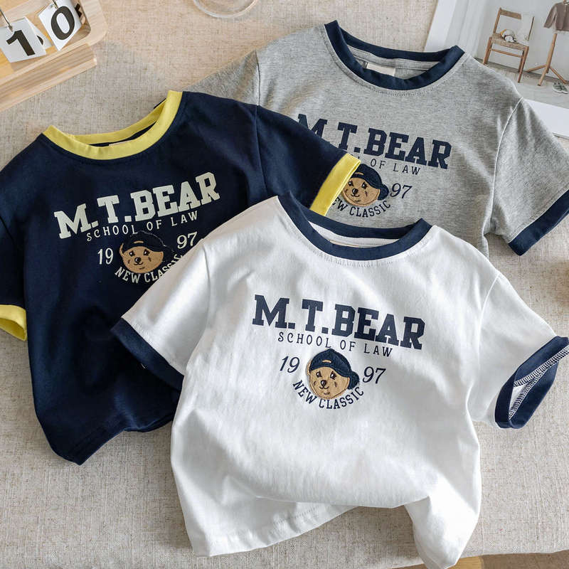 Boys Short-Sleeved T-Shirt Bear Embroider 2025 Summer New Kidsren's Clothing Baby Half-Sleeved Style Pure Cotton Small and Medium-Sized Kidsren's T-Shirt