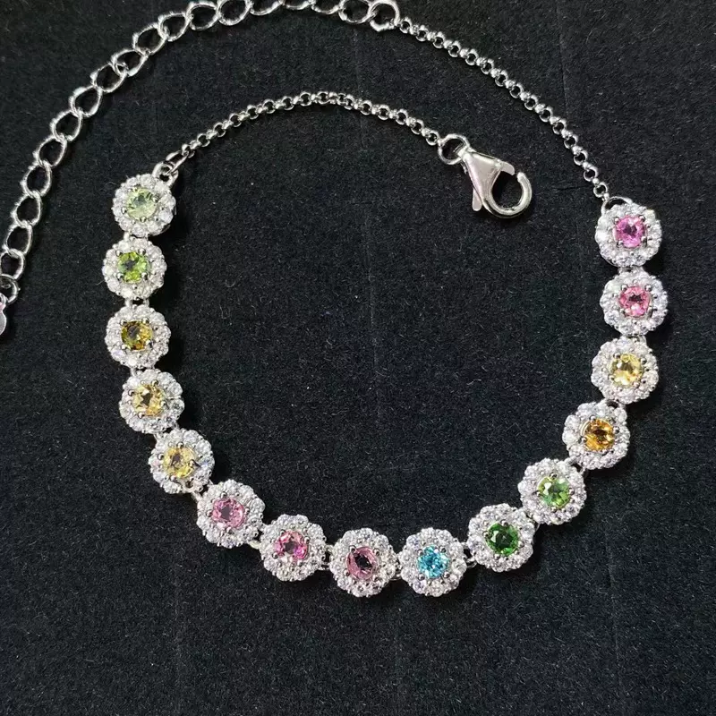 S925银镶嵌天然碧玺手链彩色手链时尚百搭女款精致宝石潮流几何