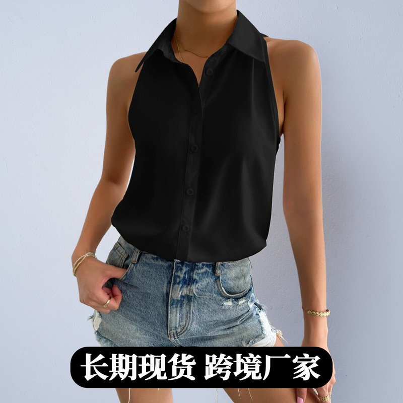 Women's Fashion European and American Style Faux Silk Shirt, New Autumn Satin Sleeveless Casual Workwear Solid Color Blouse