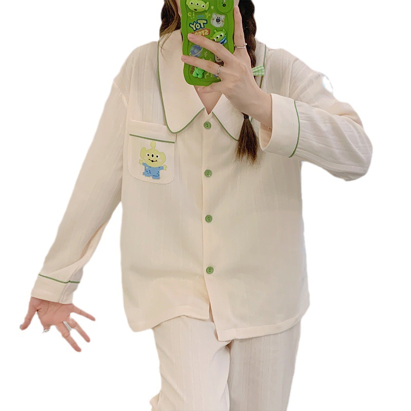 Plus tamaño pijamas casuales mujeres de algodón peinado jacquard Otoño e Invierno de manga larga cardigan lindo dulce niña traje de desgaste del hogar