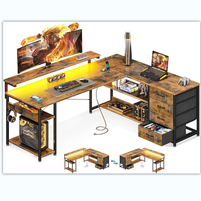 L Shape 61inch Computer Desk with Sockets Features 4 Large Capacity Drawers