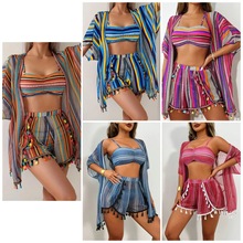 2025欧美中东跨境亚马逊防晒罩衫性感流苏比基尼四件套泳衣套装