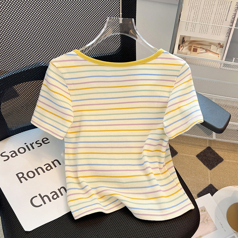 方领条纹短袖t恤女夏季2024新款小个子短款修身设计感打底上衣