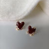 Burgundy enamel, zirconium, advanced earrings from pearl heart-shaped heart shaped, high-quality style