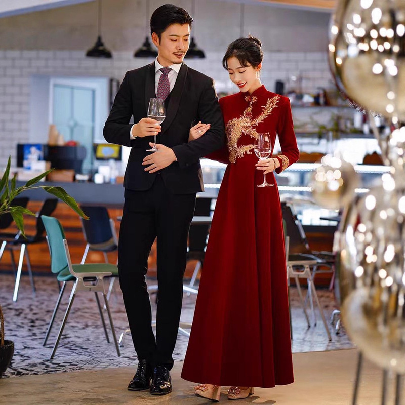 Plus Size Pregnant Women Burgundy Chinese Style Improved Cheongsam Toast Dress Bride High Waist Belly Covering Wedding Dress Engagement Dress