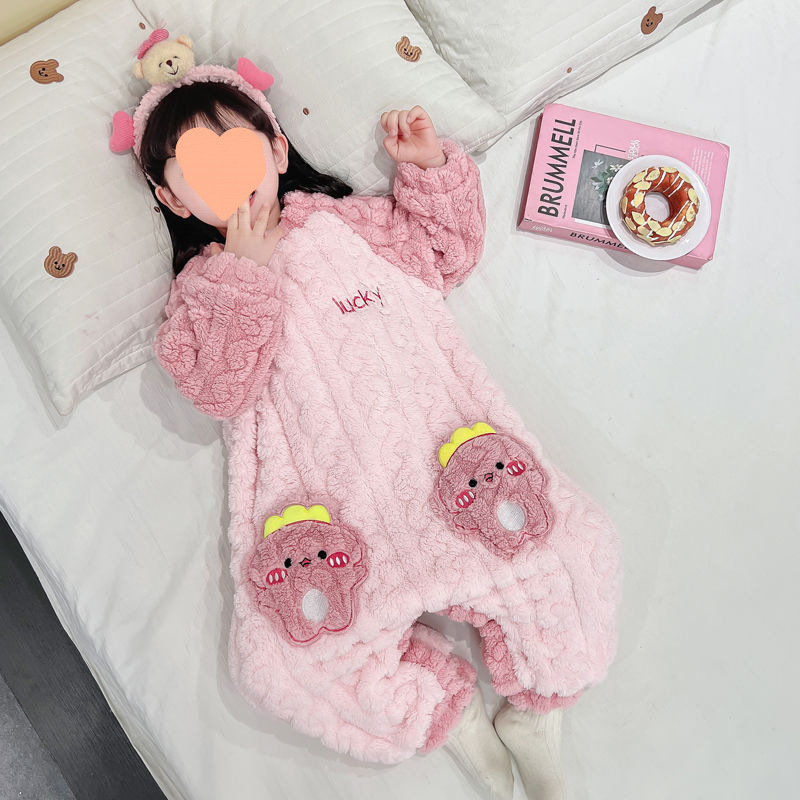소녀 원바디 파자마 가을과 겨울 산호 양털 침낭 겨울 기모 등산 옷 어린이 플란넬 집 옷