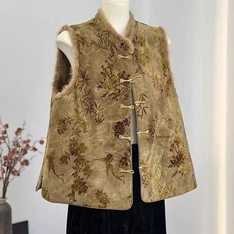 新品 高级感新中式毛毛马甲圆领盘扣国风外穿时尚舒适背心加厚上