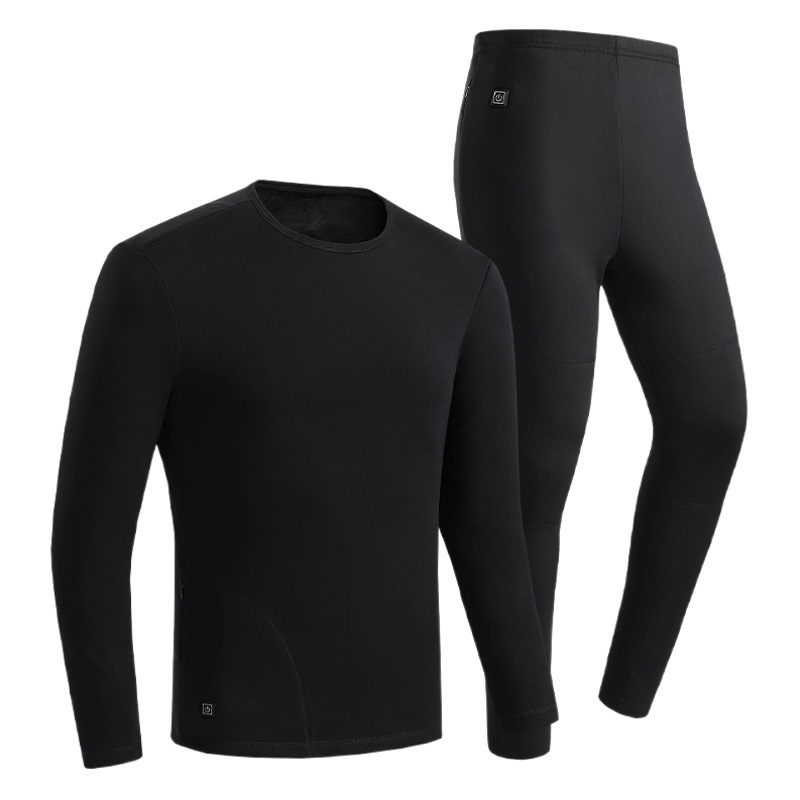 Traje térmico eléctrico transfronterizo para invierno, conjunto de dos piezas con calefacción inteligente de temperatura constante, pantalones con forro polar y camiseta con cuello redondo y calefacción.