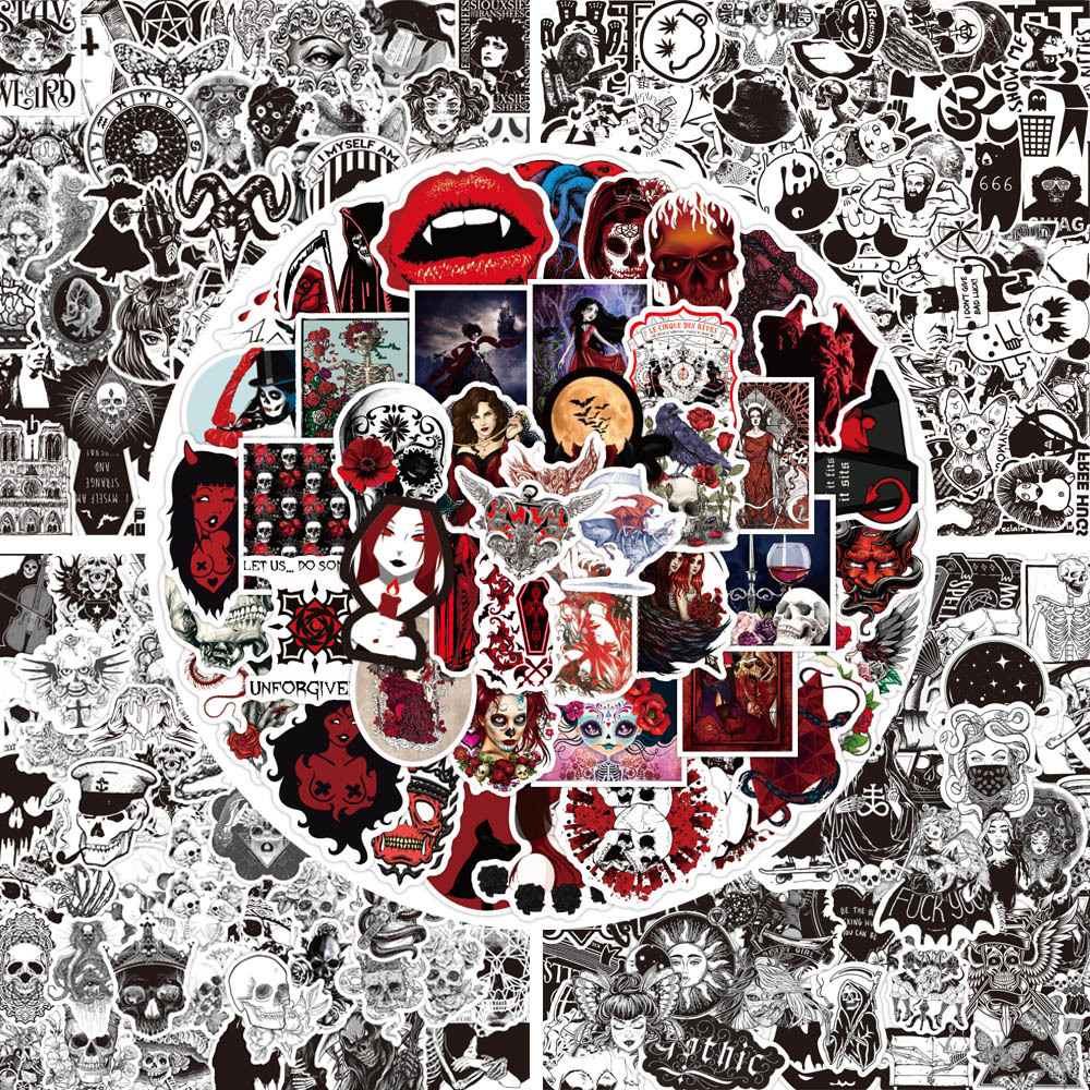 50 pegatinas de graffiti en blanco y negro de venta caliente de Amazon pegatinas decorativas impermeables de casco de guitarra punk en blanco y negro de estilo gótico