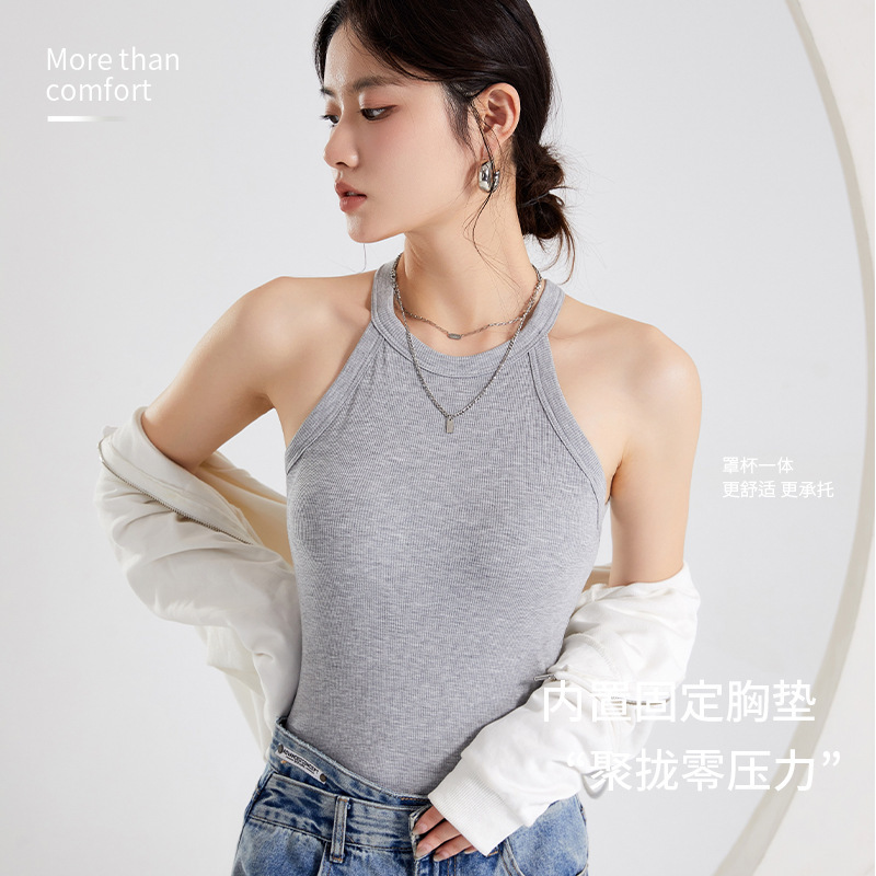 Women's Summer Sun Protection Vest with Breast Pads and Halter Top with Bottoming and Cup All-In-One Sleeveless Thin Slim Fit Top for Outer Wear
